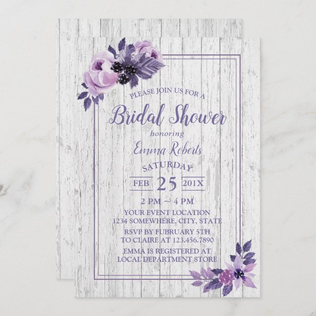 Invitación Rústica Morada Floral Primavera Boda Bridal Shower (Anverso / Reverso)