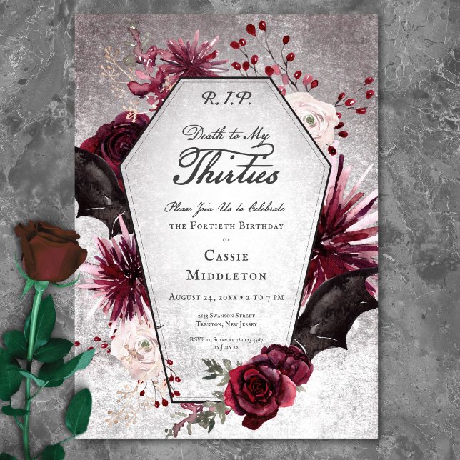 Invitación Rústica muerte gótica a mis 30 años 40 cumpleaños (Rustic Gothic Death to My Thirties 40th Birthday Invitation)