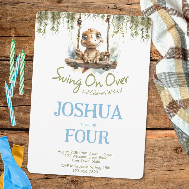 Invitación Rústica Naturaleza Dino Verde Azul Cualquier niño  (Subido por el creador)