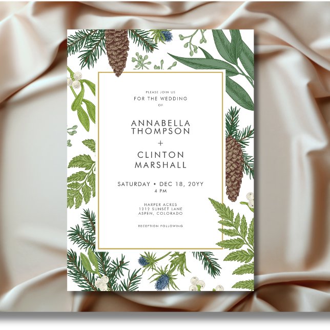 Invitación Rústica naturaleza invernal y Boda de marco de pin (Rustic Winter Nature & Pine Frame Wedding Invitation)