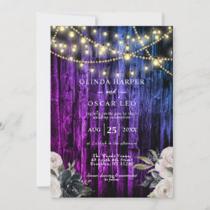 Invitación Rústica Navy Blue Wood String Luces Boda Invita