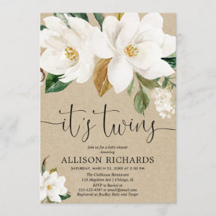 Invitación Rústica neutra de género floral Twins ducha de beb