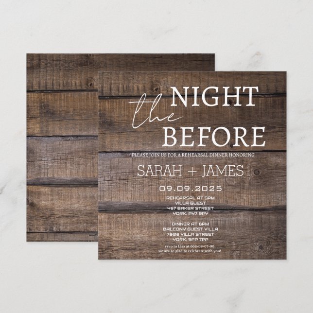 Invitación Rústica noche antes del ensayo Boda de la cena (Anverso / Reverso)