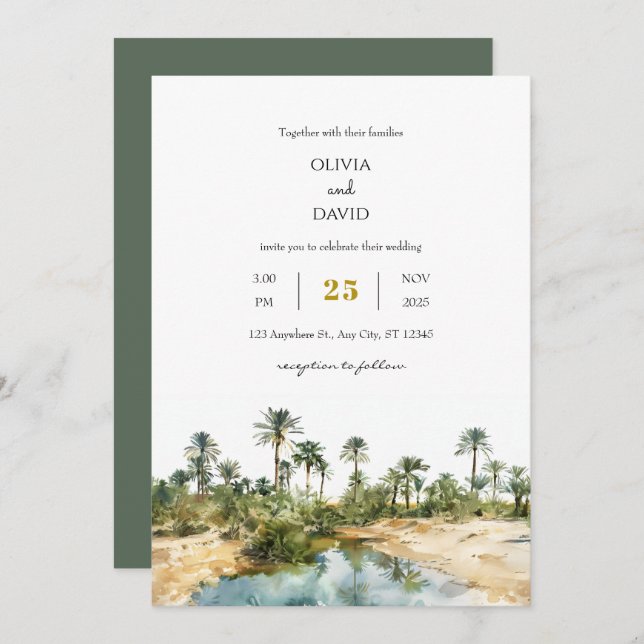 Invitación Rústica Palm Oasis acuático Boda en Playa (Anverso / Reverso)