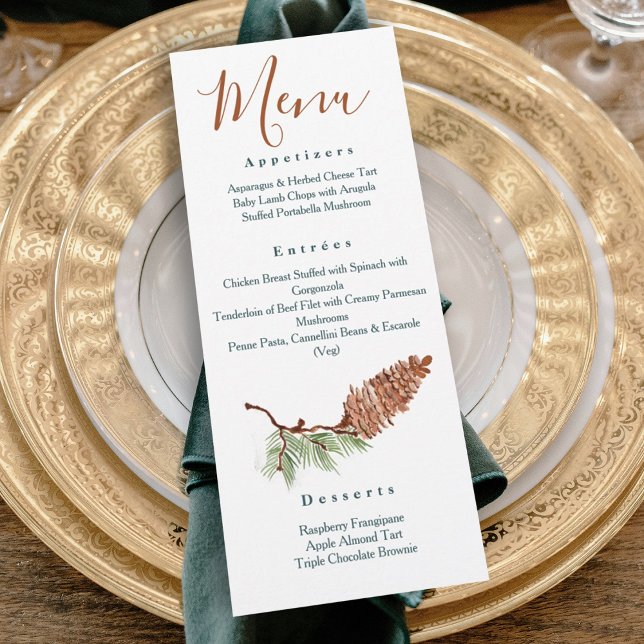 Invitación Rústica Pinecones Pine Needle Menú de cena (rustic winter pinecone wedding reception dinner menu terracotta brown green winter wedding colors)