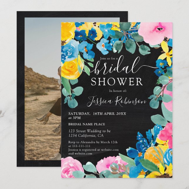 Invitación Rústica pizarra floral foto ducha de novia (Anverso / Reverso)