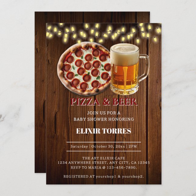Invitación Rústica pizza y Baby Shower de cerveza (Anverso / Reverso)
