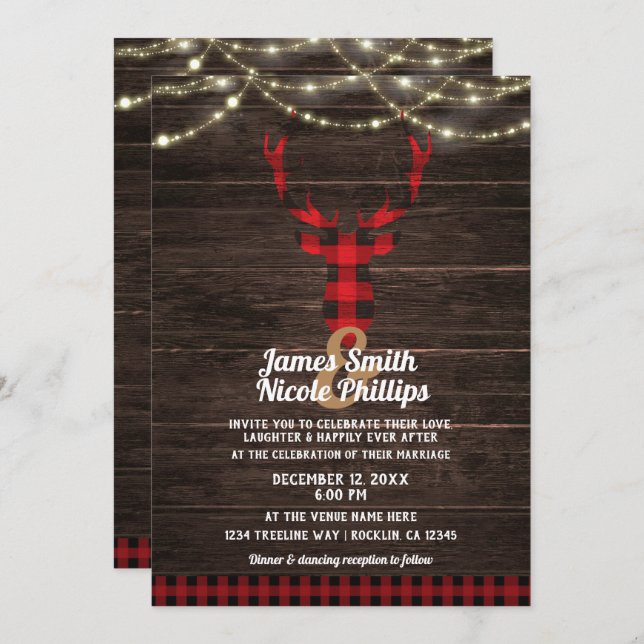 Invitación Rústica Plaid Deer Antlers Madera y cadenas (Anverso / Reverso)