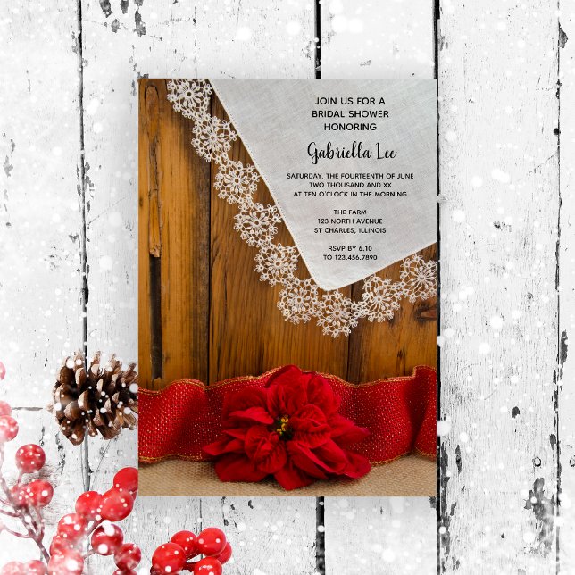 Invitación Rústica Poinsettia Country Winter Bridal Shower (Set a warm festive tone for your bridal shower with this wintery rustic invitation.)
