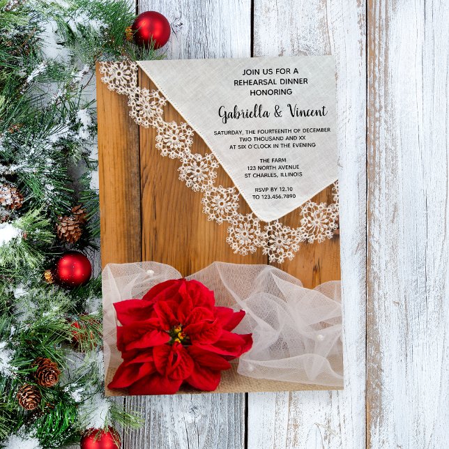 Invitación Rústica Poinsettia Lace Ensayo de invierno Cena (Set a wintery tone for your rustic December wedding rehearsal dinner with this charming invitation.)