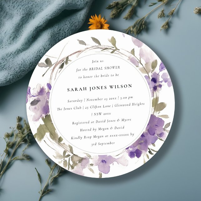 Invitación Rústica pradera Lilac Floral Wreath Brillante (Subido por el creador)