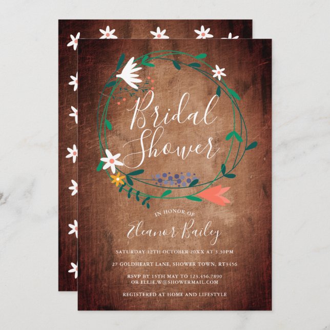Invitación Rústica Primavera Floral Garland Bridal Shower (Anverso / Reverso)