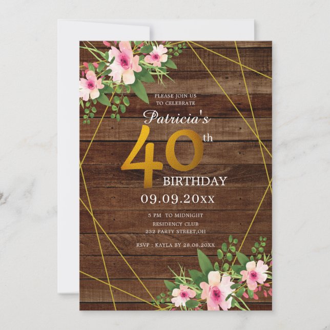 Invitación Rústica Purpurina de oro floral rosa de madera 40  (Anverso)