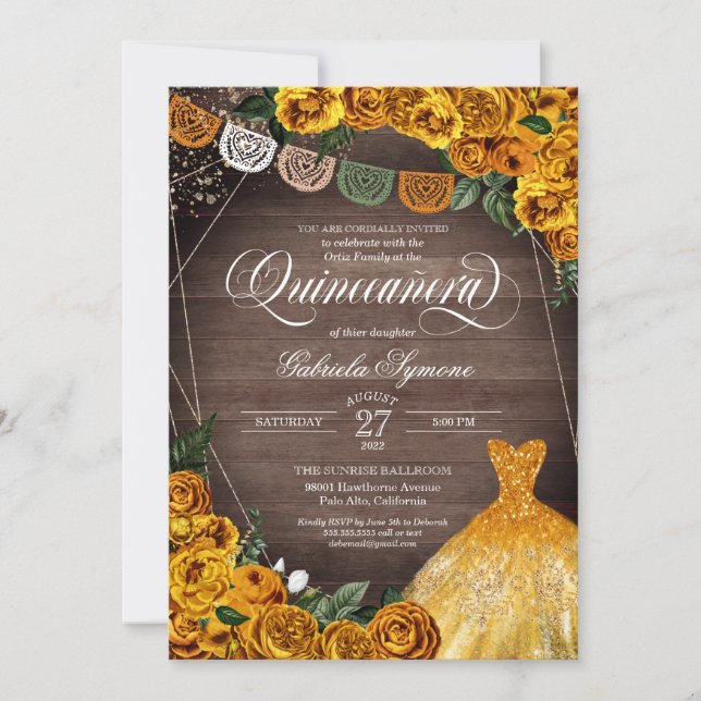 Invitación Rústica Purpurina rosa amarillo vestido Fiesta Qui (Anverso)