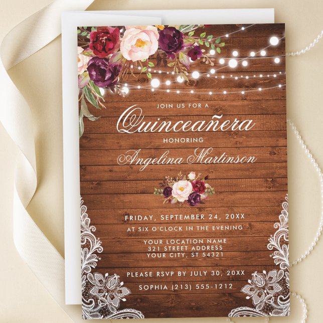 Invitación Rústica Quinceanera Luces De Madera Lace Floral (Customize to add more text or photos to back of card.)