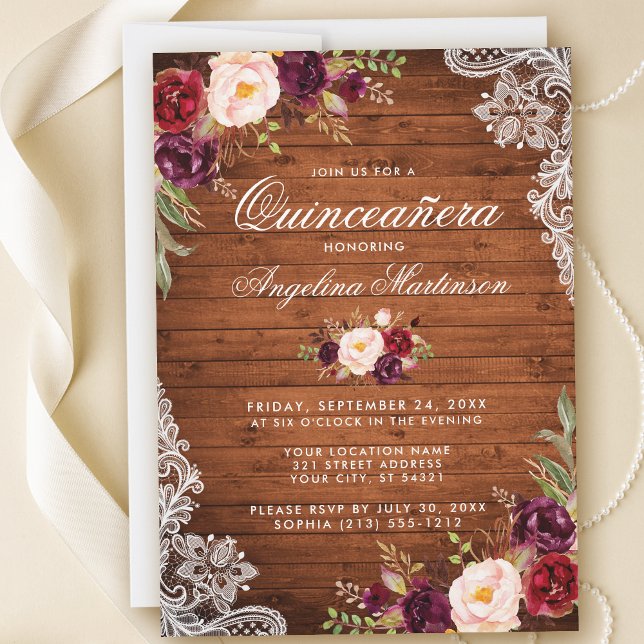 Invitación Rústica Quinceanera Madera Lace Burgundy Floral (Customize to add more text or photos to back of card.)