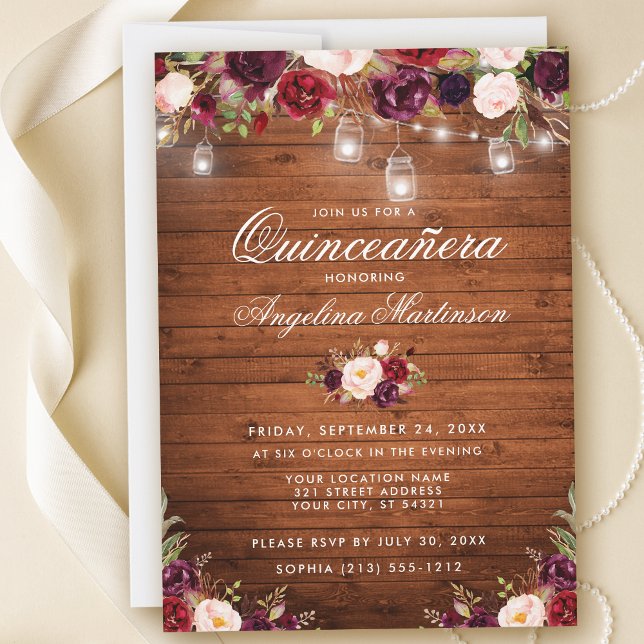 Invitación Rústica Quinceanera Wood Jar Enciende Burgundy Flo (Customize to add more text or photos to back of card.)