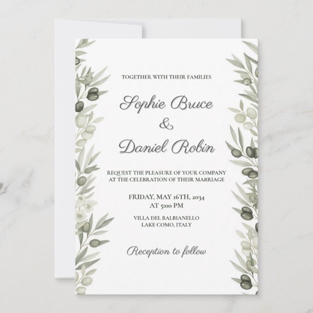 Invitación Rústica rama de oliva y boda floral (Anverso)