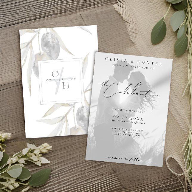 Invitación Rústica rama de olivo Boda fotográfico blanco y ne (Subido por el creador)