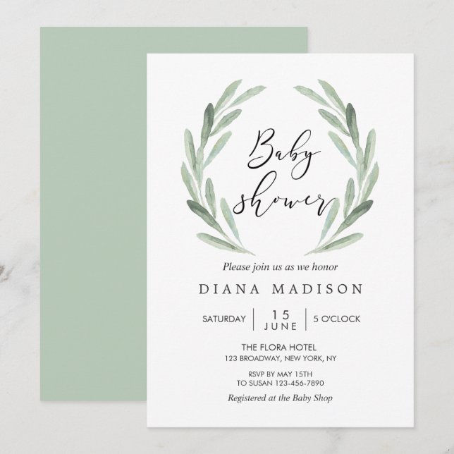 Invitación Rústica rama de olivo verde arrasó con Baby Shower (Anverso / Reverso)