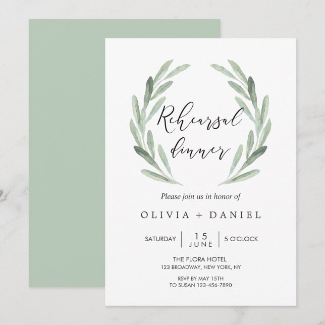 Invitación Rústica rama de olivo verde Wreath Ensayo Cena (Anverso / Reverso)