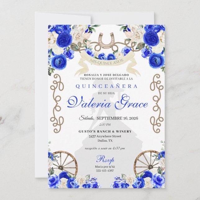 Invitación Rústica Real Azul Mujer Charro Occidental Quinceañ (Anverso)