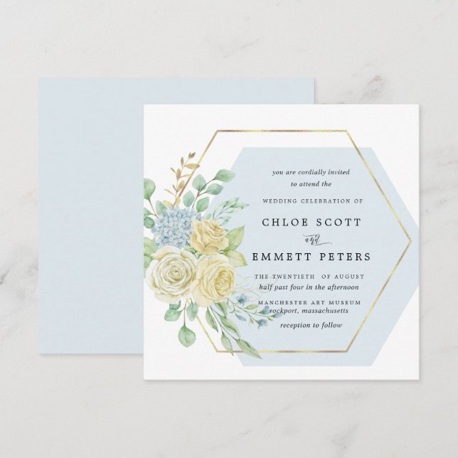 Invitación Rústica Rosa Blanca Azul Hidrangea Boda cuadrado (Anverso / Reverso)