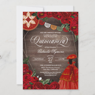 Invitación Rústica Rosa Roja Charra/Mariachi Vestido Quinceañ