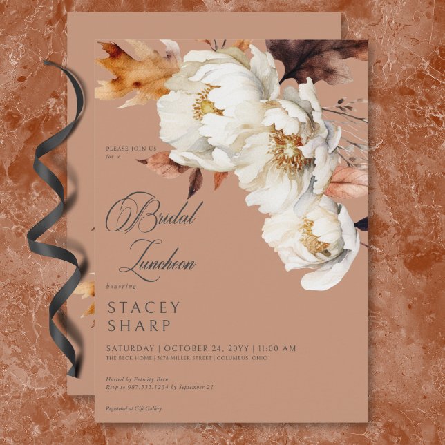 Invitación Rústica roya y crema caída floral y hojas almuerzo (Rustic Rust & Cream Fall Floral & Leaves Luncheon Invitation)