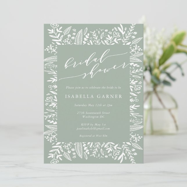 Invitación Rústica Sage Green Floral Line Art Bridal Shower (Anverso de pie)