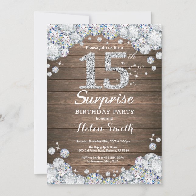 Invitación Rústica sorpresa 15º cumpleaños de diamantes de pl (Anverso)