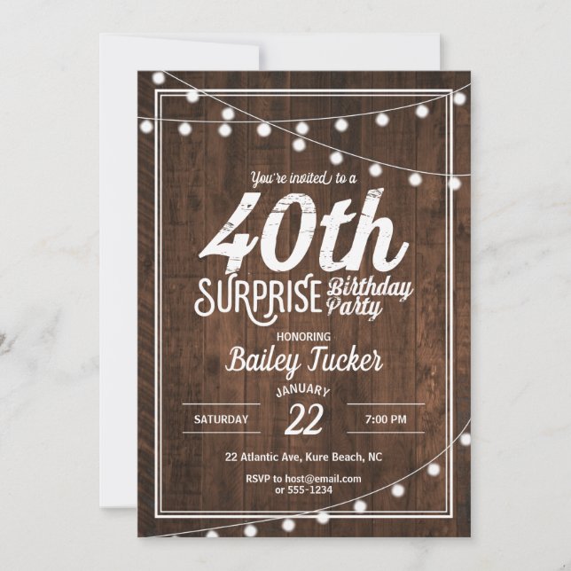Invitación Rústica sorpresa 40.ª Fiesta de cumpleaños (Anverso)
