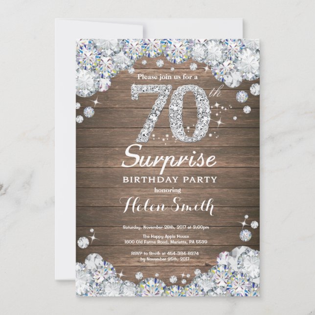 Invitación Rústica sorpresa 70 aniversario de Silver Diamante (Anverso)
