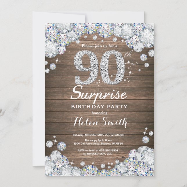 Invitación Rústica sorpresa 90 cumpleaños Silver Diamante (Anverso)