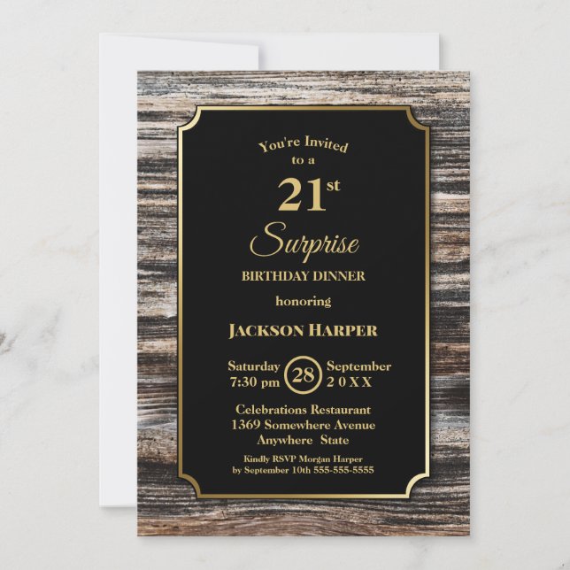 Invitación Rústica sorpresa de la madera 21ª cena de cumpleañ (Anverso)