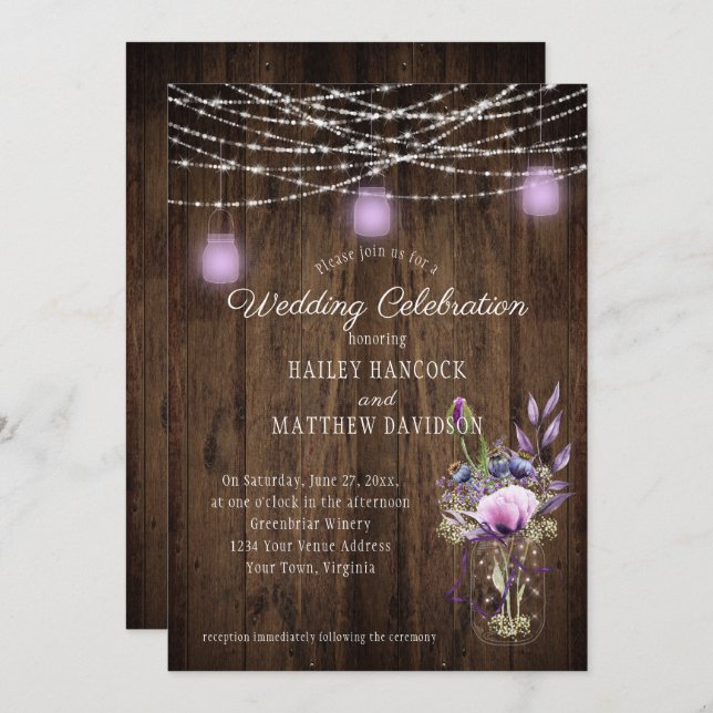 Invitación Rústica String ilumina a Violet Mason Jars Boda (Anverso / Reverso)