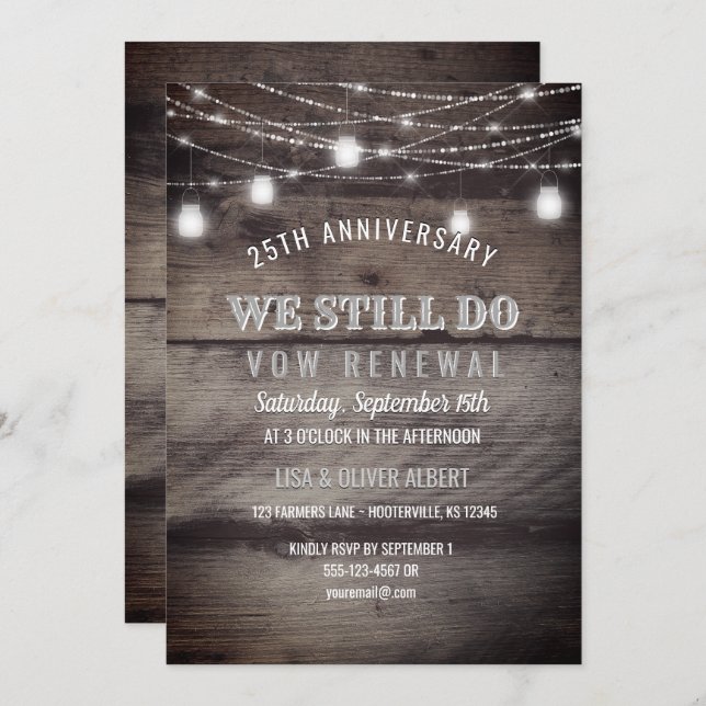 Invitación Rústica String ilumina Mason Jar Wood Vow Renewal (Anverso / Reverso)