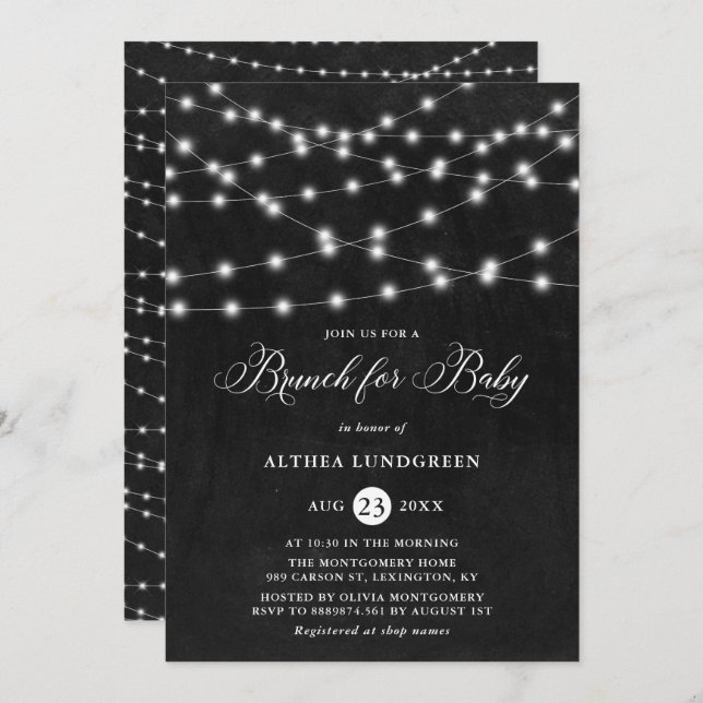 Invitación Rústica String Lights Chalkboard Baby Shower Brunc (Anverso / Reverso)