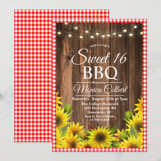 Invitación rústica Sweet 16 BBQ Girasol (Anverso / Reverso)