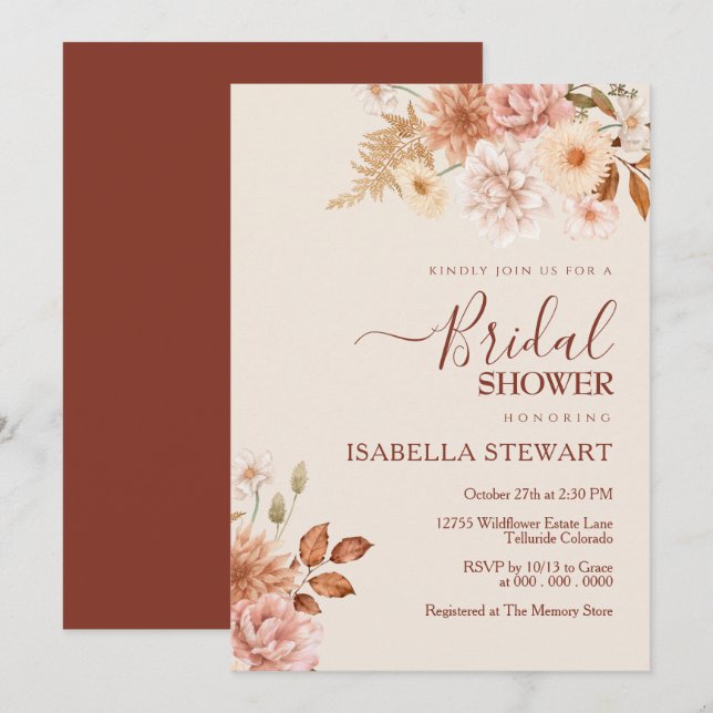 Invitación Rústica Terracota Boho Cae Foliage Bridal Shower (Anverso / Reverso)