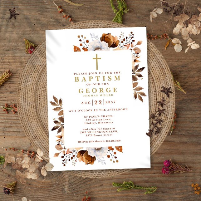 Invitación Rústica Terracota Boho Floral Bautismo Moderno (Rustic Terracotta Boho Floral Modern Baptism Invitation)