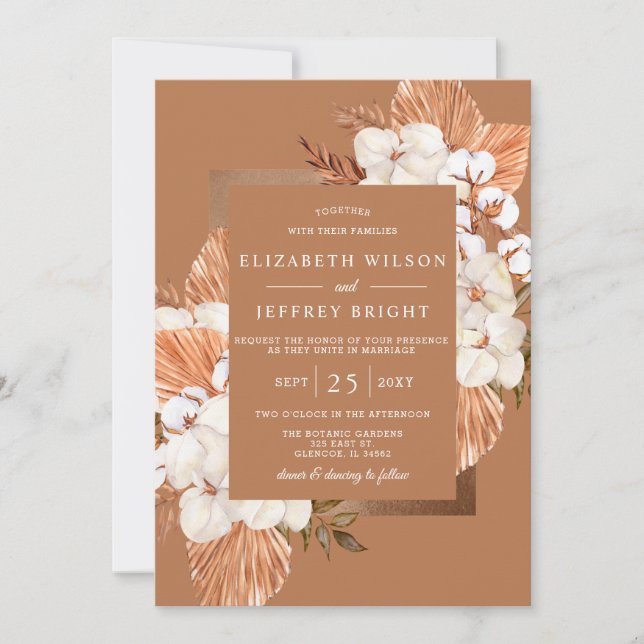 Invitación Rústica Terracota Boho Pampas Orchids Boda (Anverso)