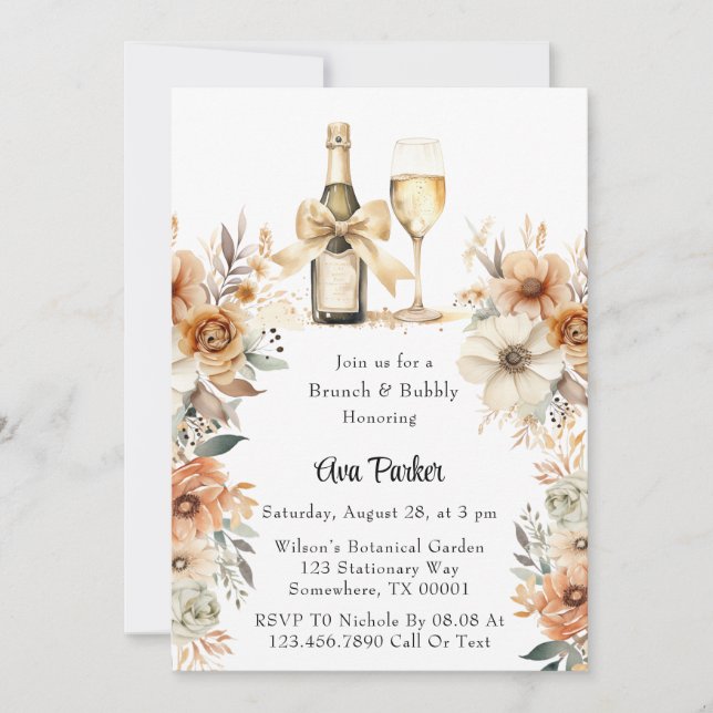Invitación Rústica Terracota Cream Floral Brunch & Bubbly (Anverso)