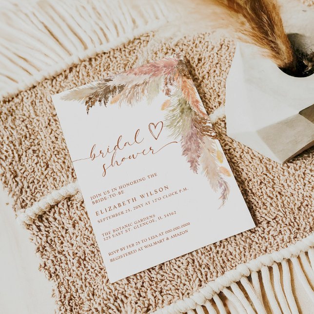 Invitación Rústica Terracota de Boho Pampas Ducha de novias (Rustic Boho Terracotta Pampas Grass Bridal Shower Invitation)