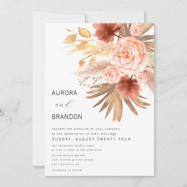 Invitación Rústica Terracota Floral Naranja Fall Wedding (Anverso)