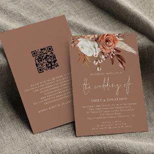 Invitación Rústica Terracota Florals QR Código Boda marrón