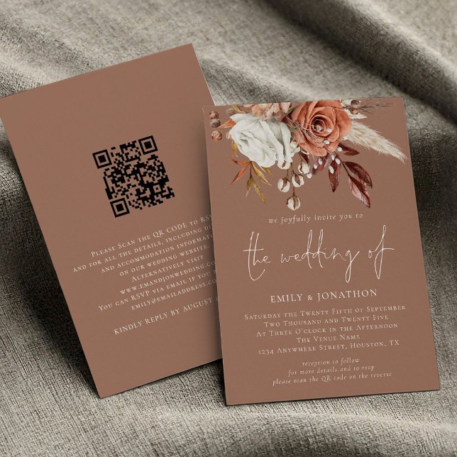 Invitación Rústica Terracota Florals QR Código Boda marrón (front and back view)