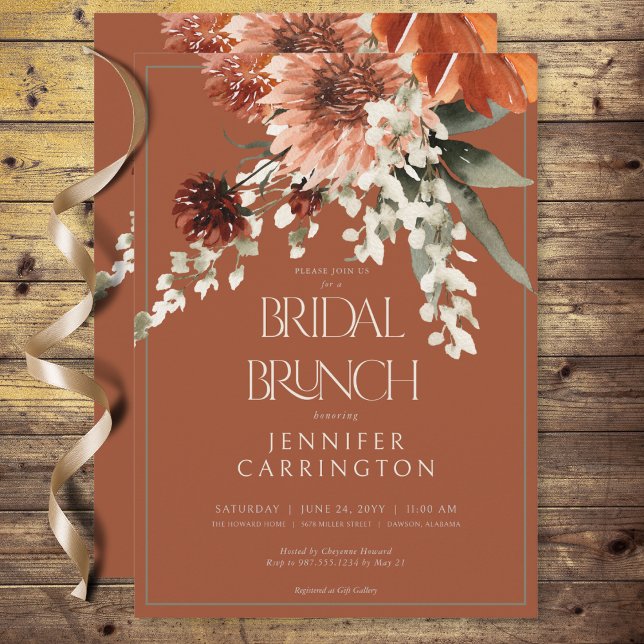 Invitación Rústica Terracota Flores de óxido Brunch de novia (Rustic Terracotta Rust Flowers Bridal Brunch Invitation)