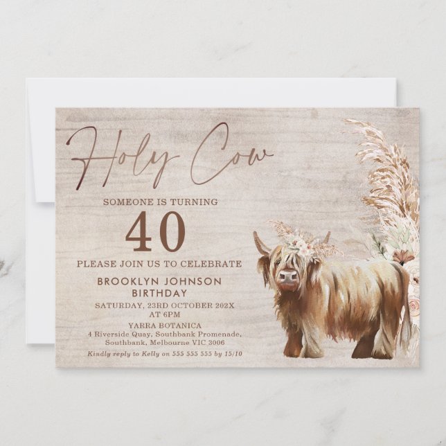 Invitación Rústica vaca sagrada vaca en Highland 40 cumpleaño (Anverso)