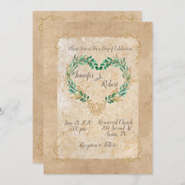 Invitación Rústica vegetación Corazón antiguo Hermoso Boda (Anverso / Reverso)